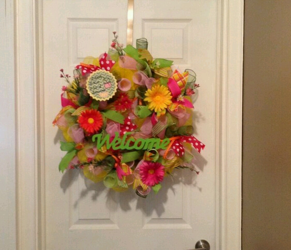 Summer Yellow,Green,& Pink, Flower,Ribbon Lemonade Deco Mesh Welcome Wreath