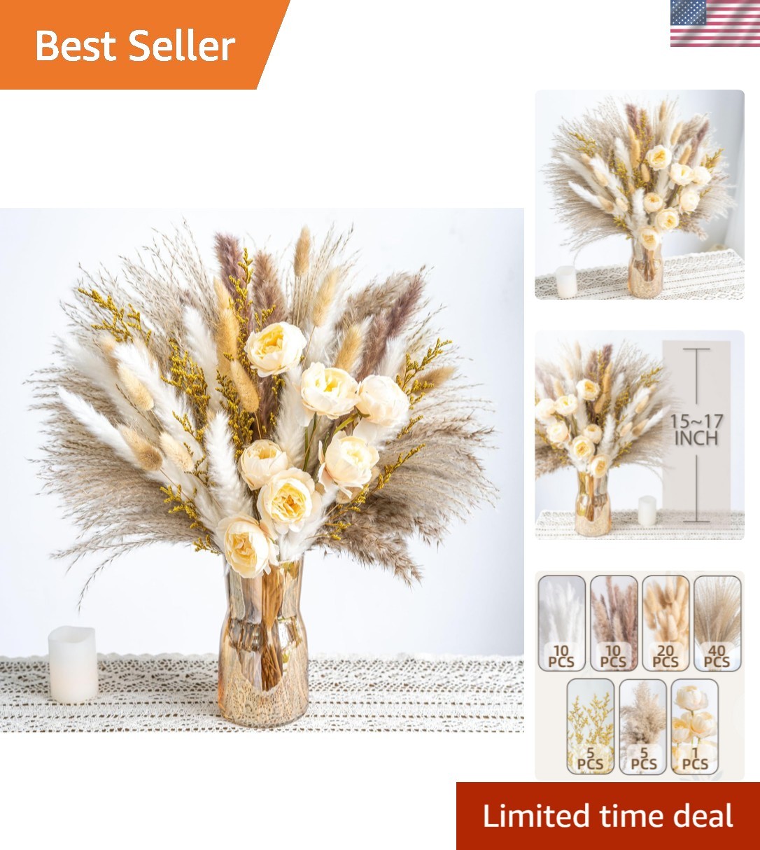 Boho Decor Bouquet – Artificial Flowers and Pampas Grass Decor kit,Mix Dried …