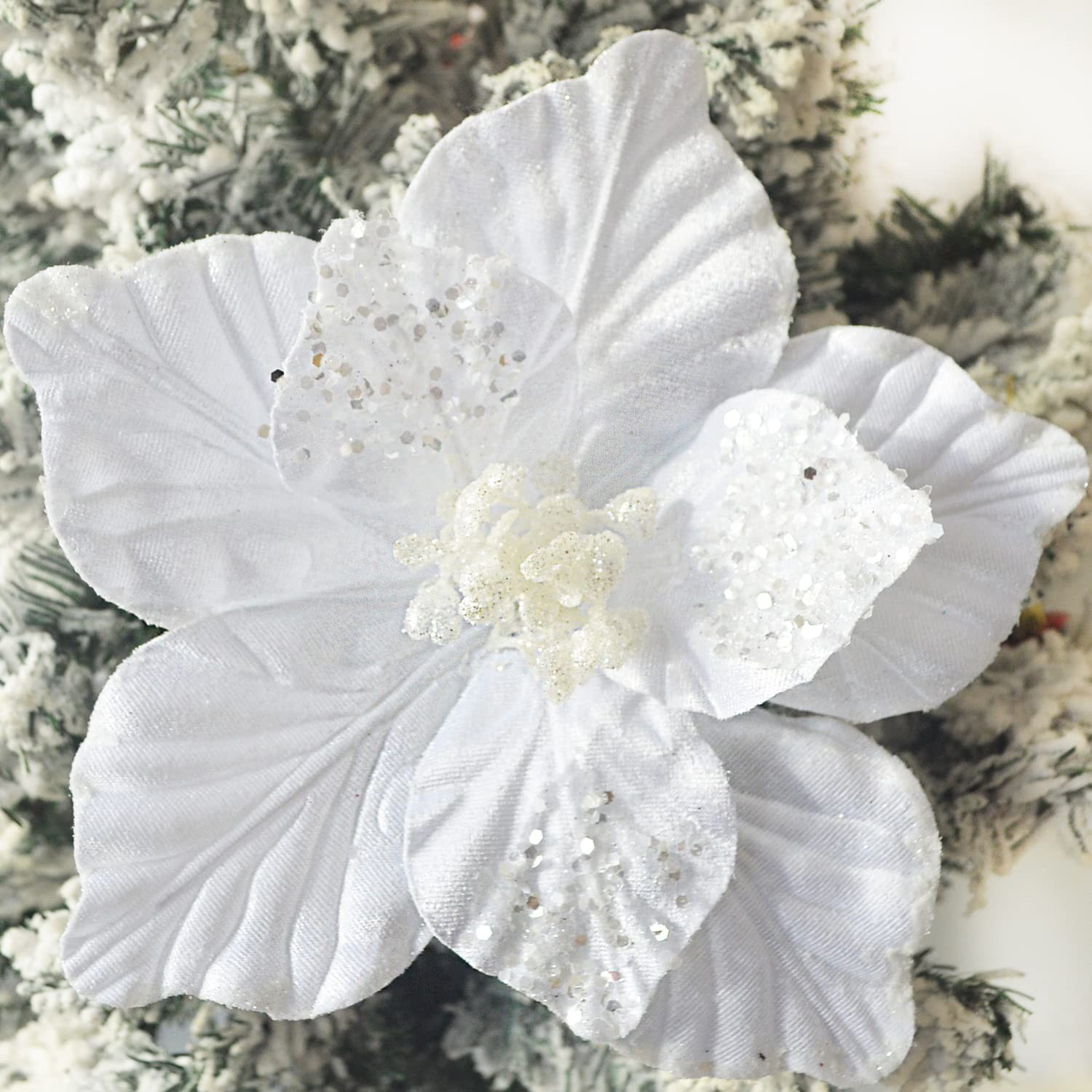 6 PCS Chunky Glitter Christmas Flowers Large Velvet Poinsettia Ornaments White