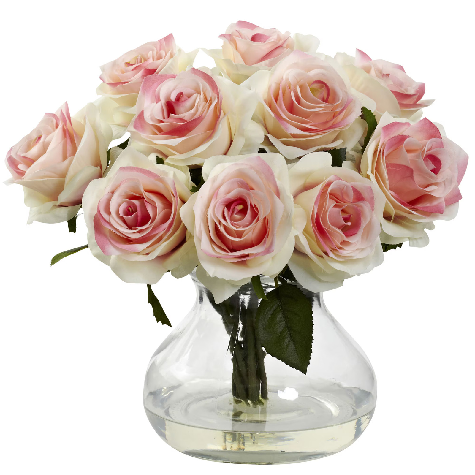 Rose Arrangement with Decorative Glass Vase Liquid Illusion Faux Water 11 Inch
