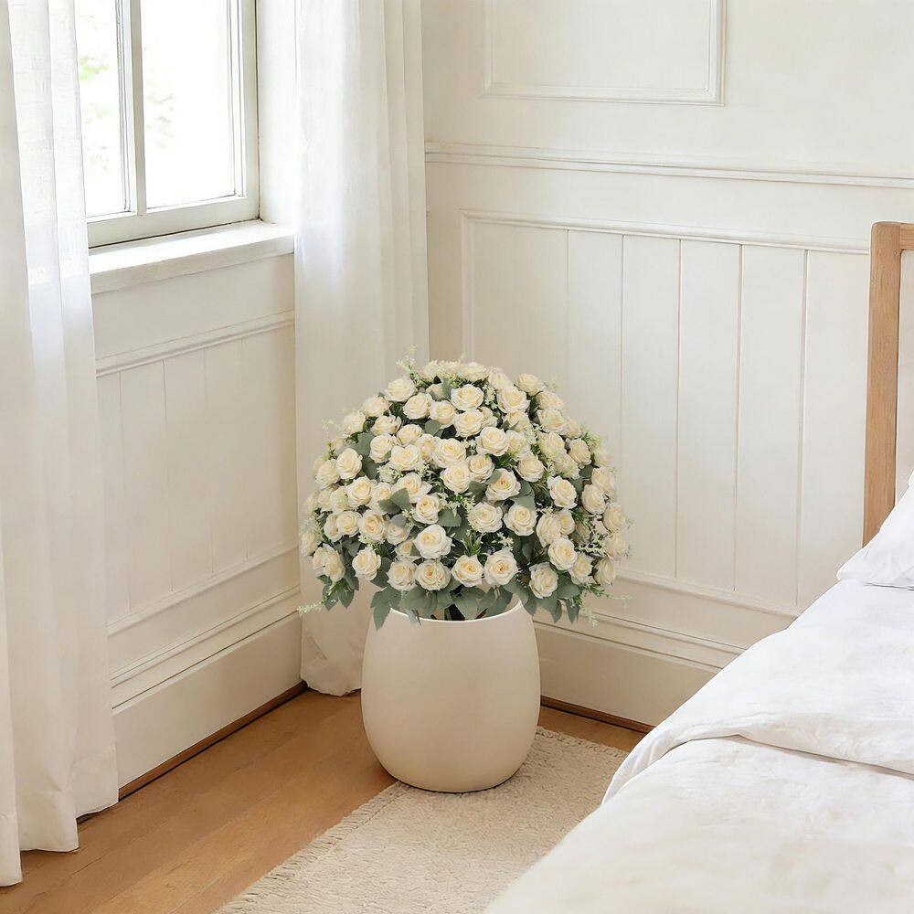 24 in Artificial White Rose Decoration Lifelike Faux Floral Plants 2 Pots