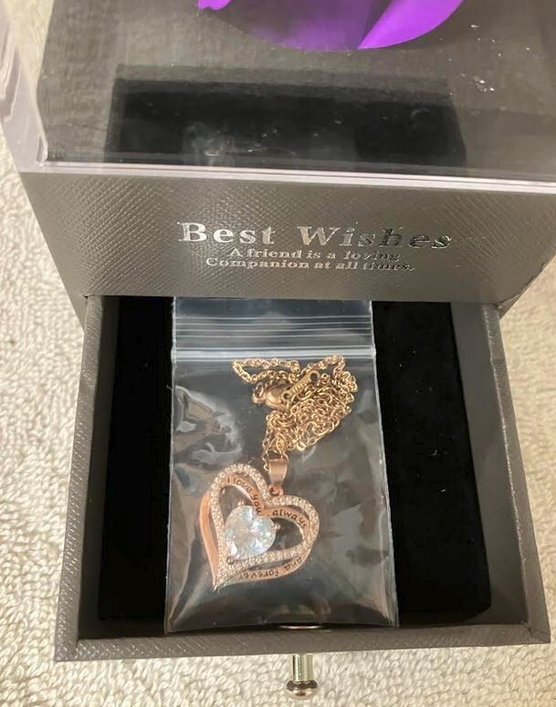 Preserved Purple Rose in Box with Heart Necklace- Gift of Eternal Love-New