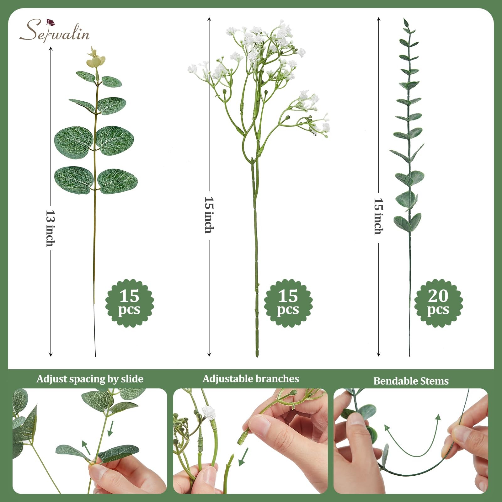 Serwalin 50 Pcs Mixed Artificial Eucalyptus Stems,Babys Breath Artificial Flo…