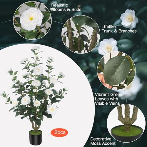 2Pack 39.37in Artificial Camellia Trees Cement Pots White