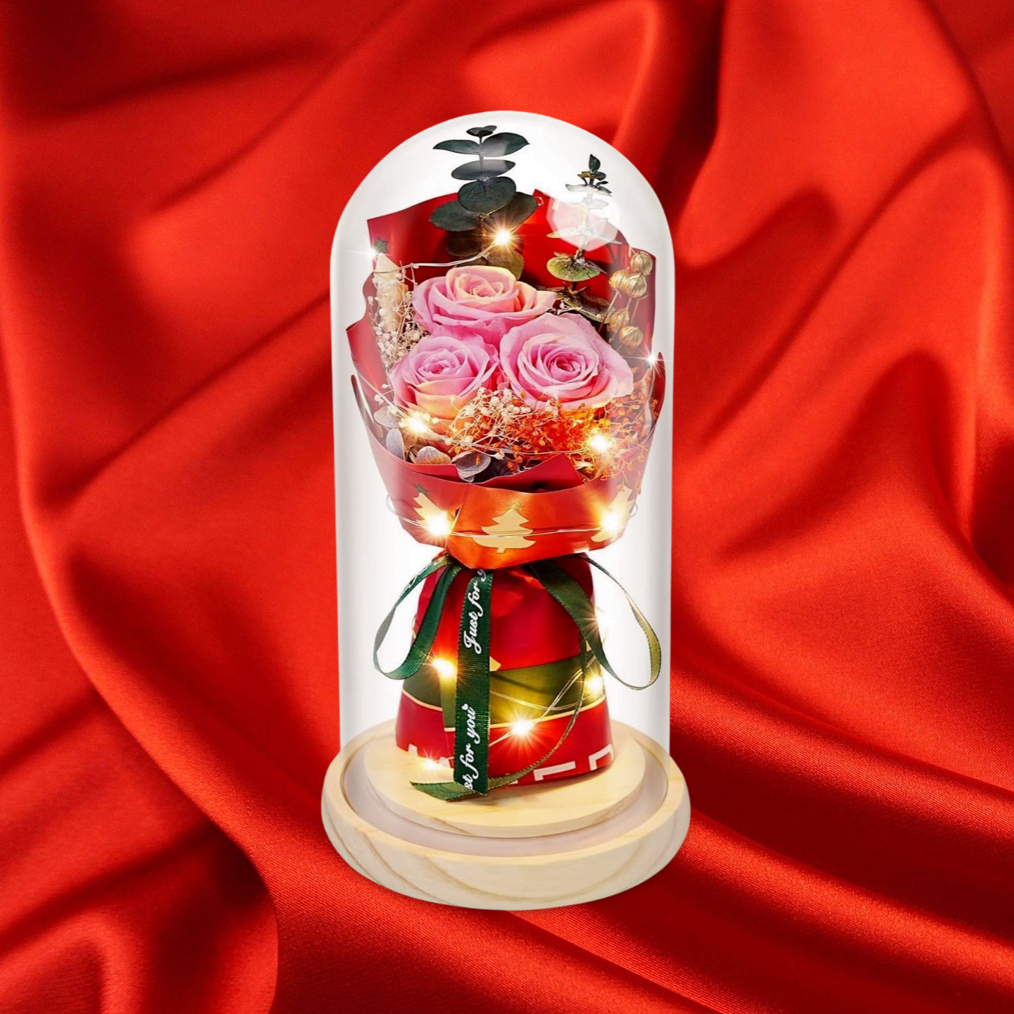 Flowers in Glass Pink Real Rose Bouquet with LED Light Eternal Rose for Her