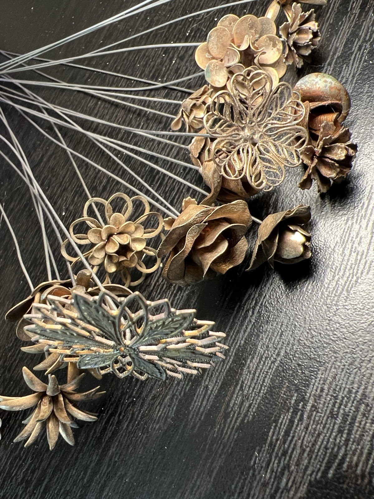 VTG Antique Metal Filigree Openwork Flowers Bouquet Stems Millinery Bridal Craft