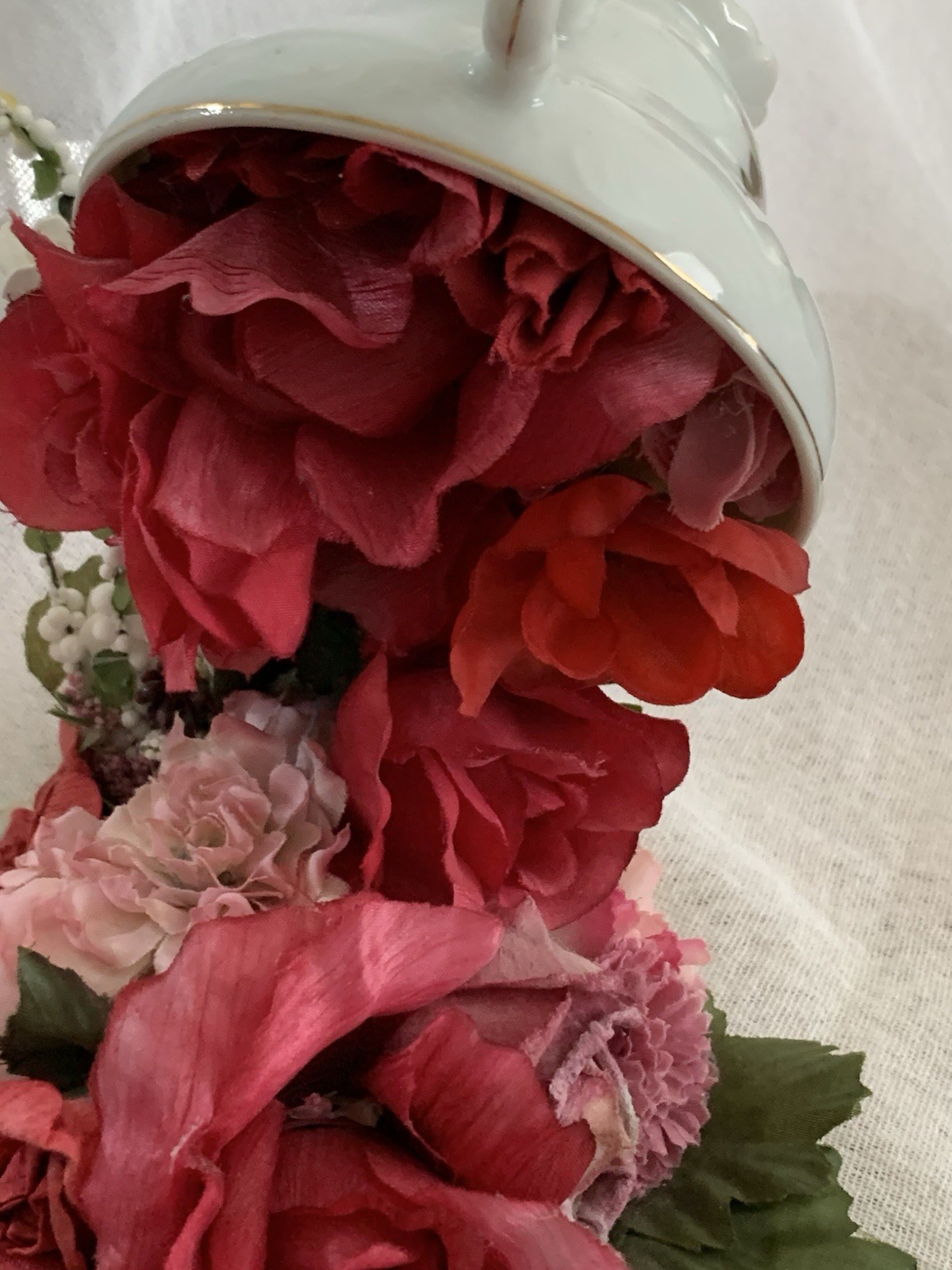 Mystical FLOATING PORCELAIN TEACUP/ARTIST MADE OOAK/Red & Pink FLORAL CASCADES/