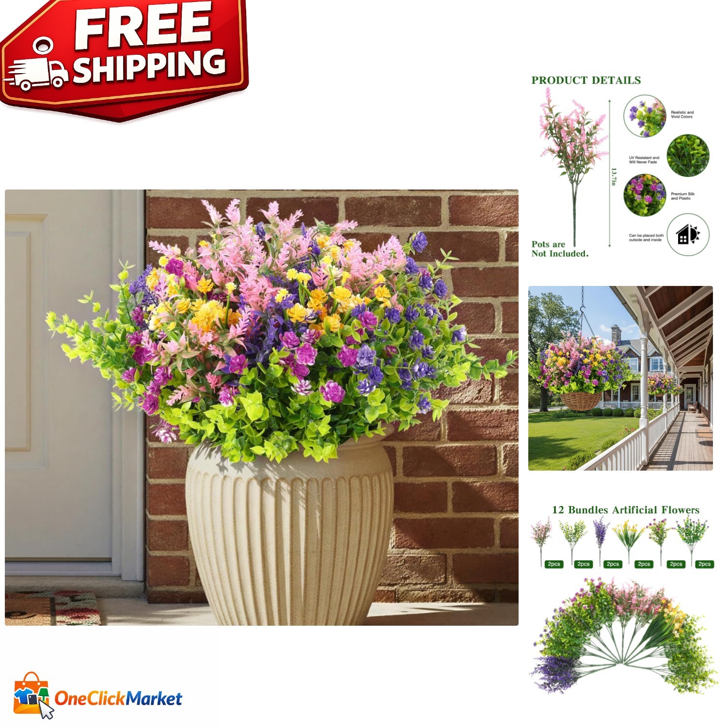 Lifelike 12 Bundle Silk Flowers in Purple, Pink, Yellow – Perfect for Home Decor