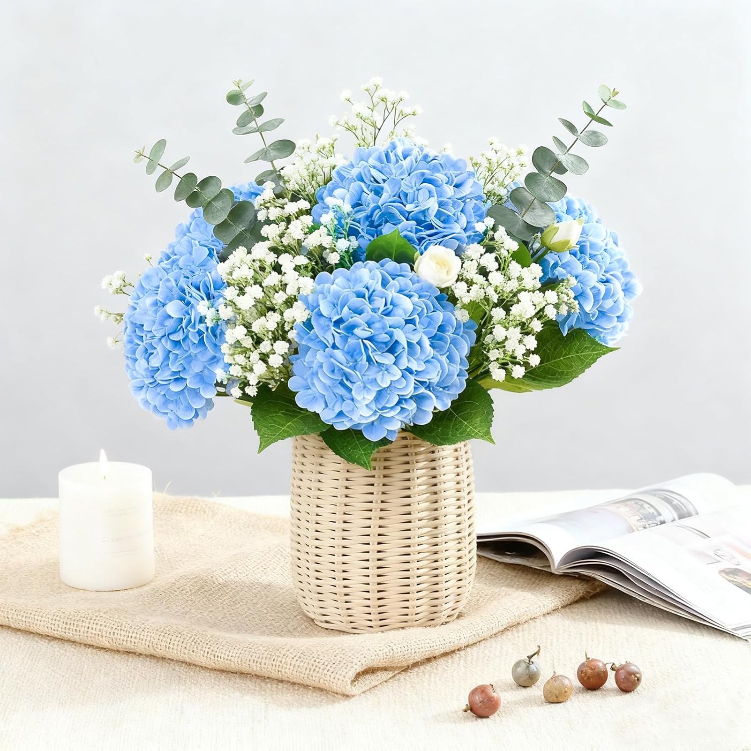 3Pcs 21Real Touch Blue Hydrangea Artificial Flowers with Stems,Fake Silk Flowers
