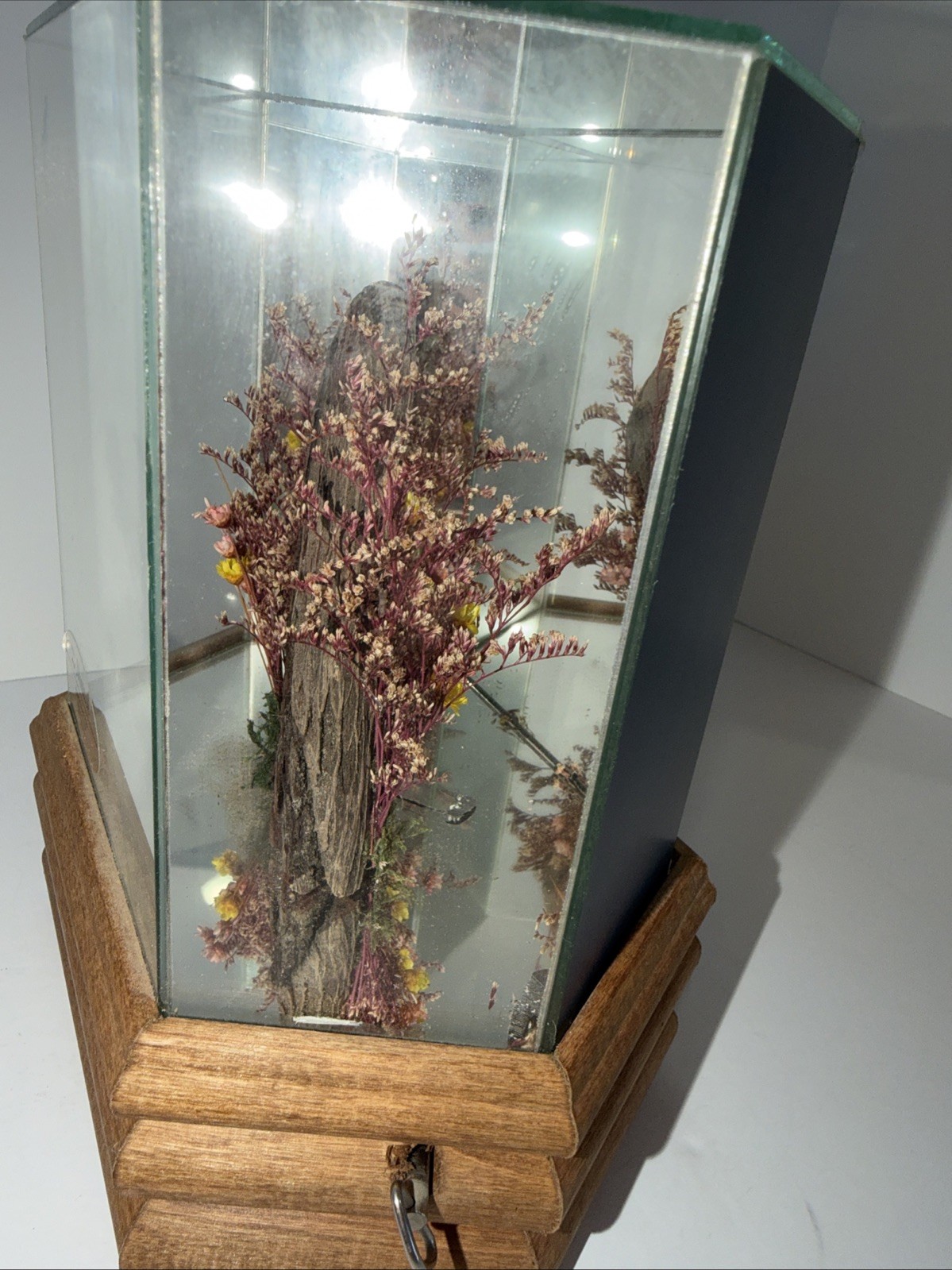 Vintage Artificial Flower And Tree Bark Glass Mirrored Music Box on Wood A Base.