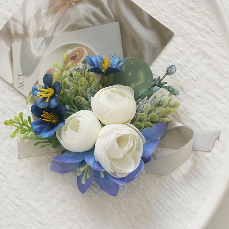 2 PCS Blue&White Artificial Wrist Corsage Boutonniere Set Prom Suit