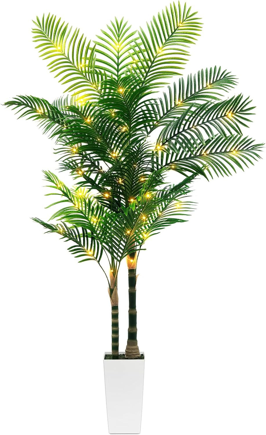 7ft Artificial Golden Cane Palm Tree with LED Fairy Lights & White 7ft, Green