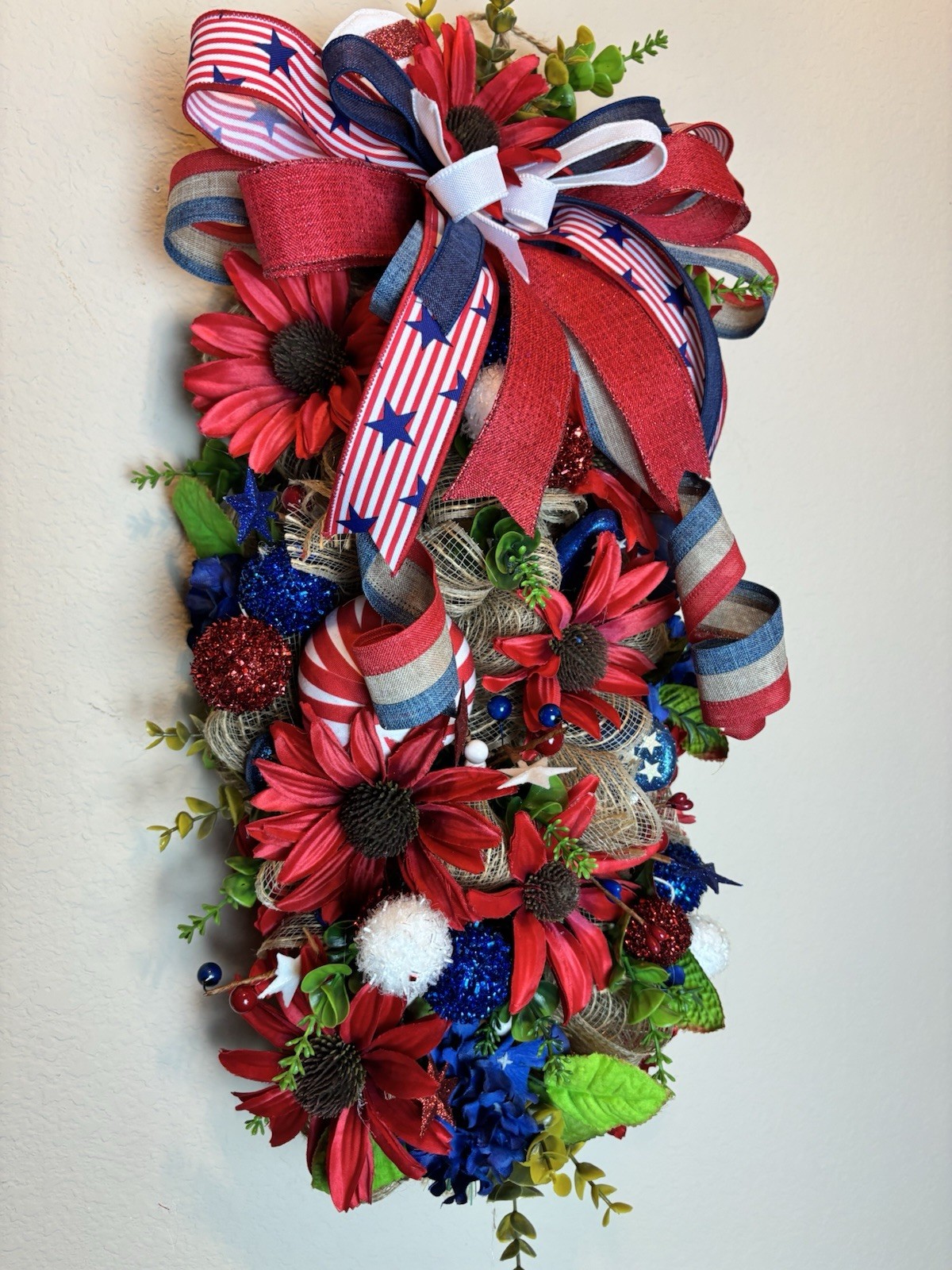Patriotic Swag Wreath Red White Blue 4th July Door Decor Americana Bow