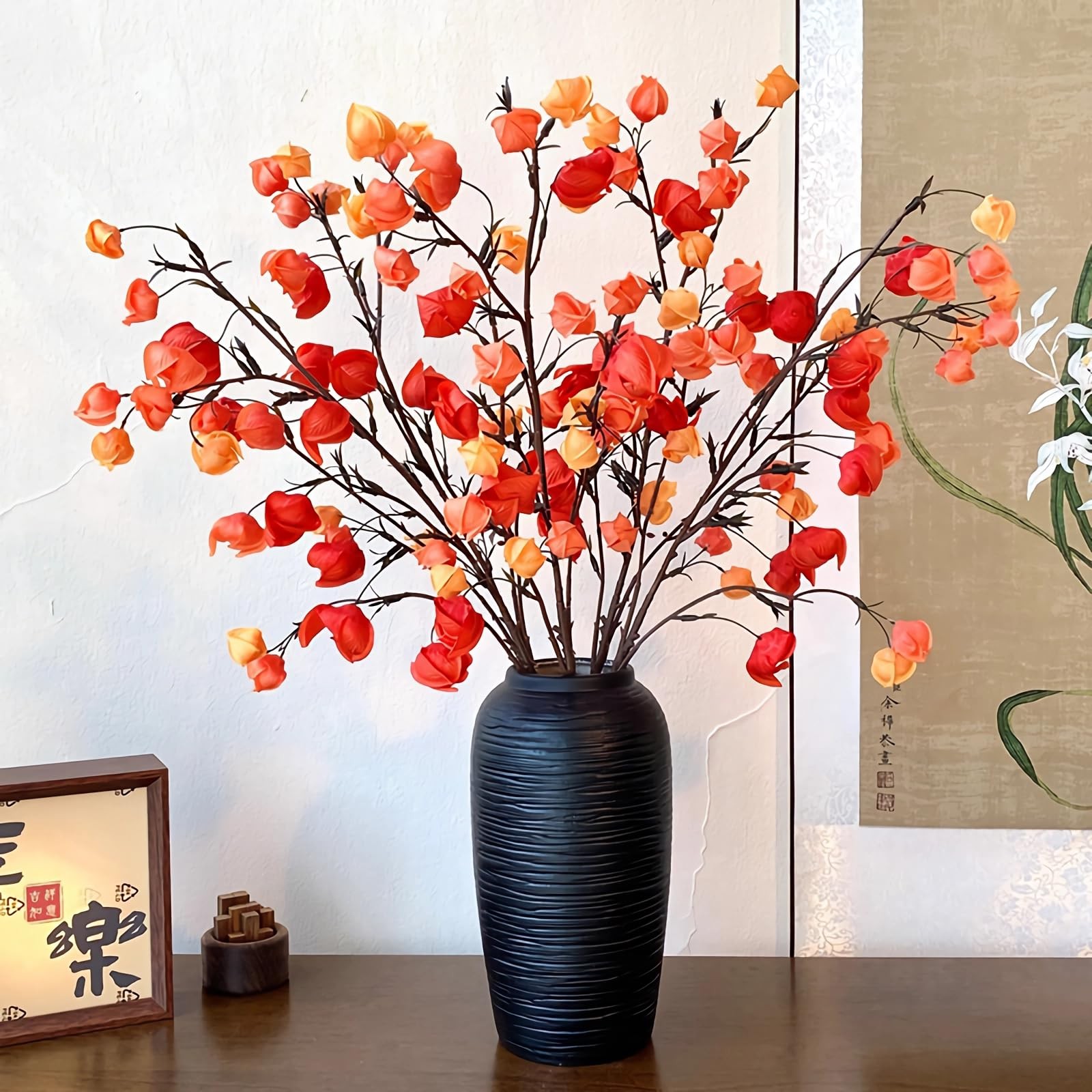 4pcs Artificial Chinese Lantern Flowers 29″ Fake Orange Silk Winter Cherry St…