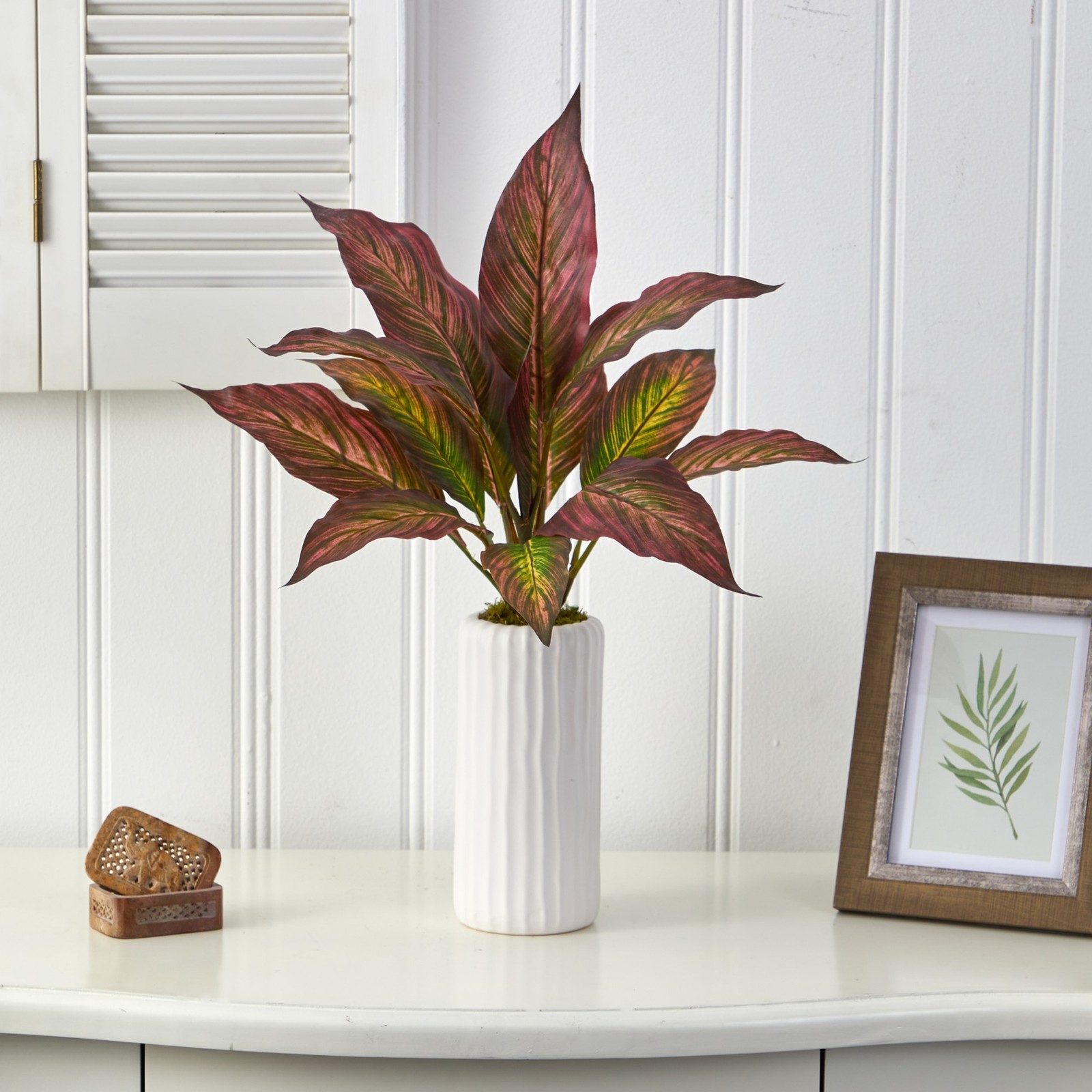 19 Inch Musa Leaf Artificial Plant White Planter Indoor Decor Faux Greenery