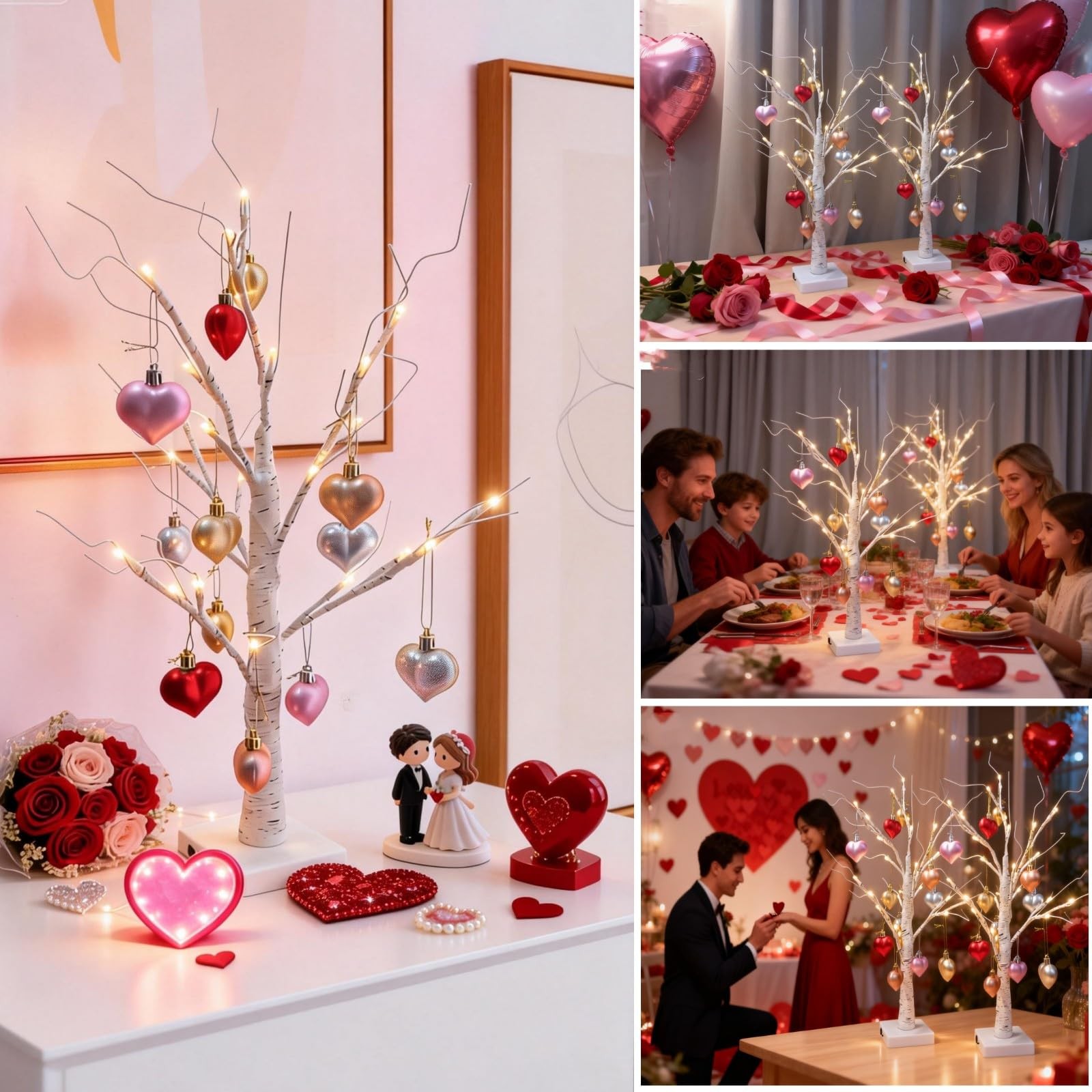 2 PCS Warm White Lighted Birch Tree Heart Ornament USB Battery Valentine Decor