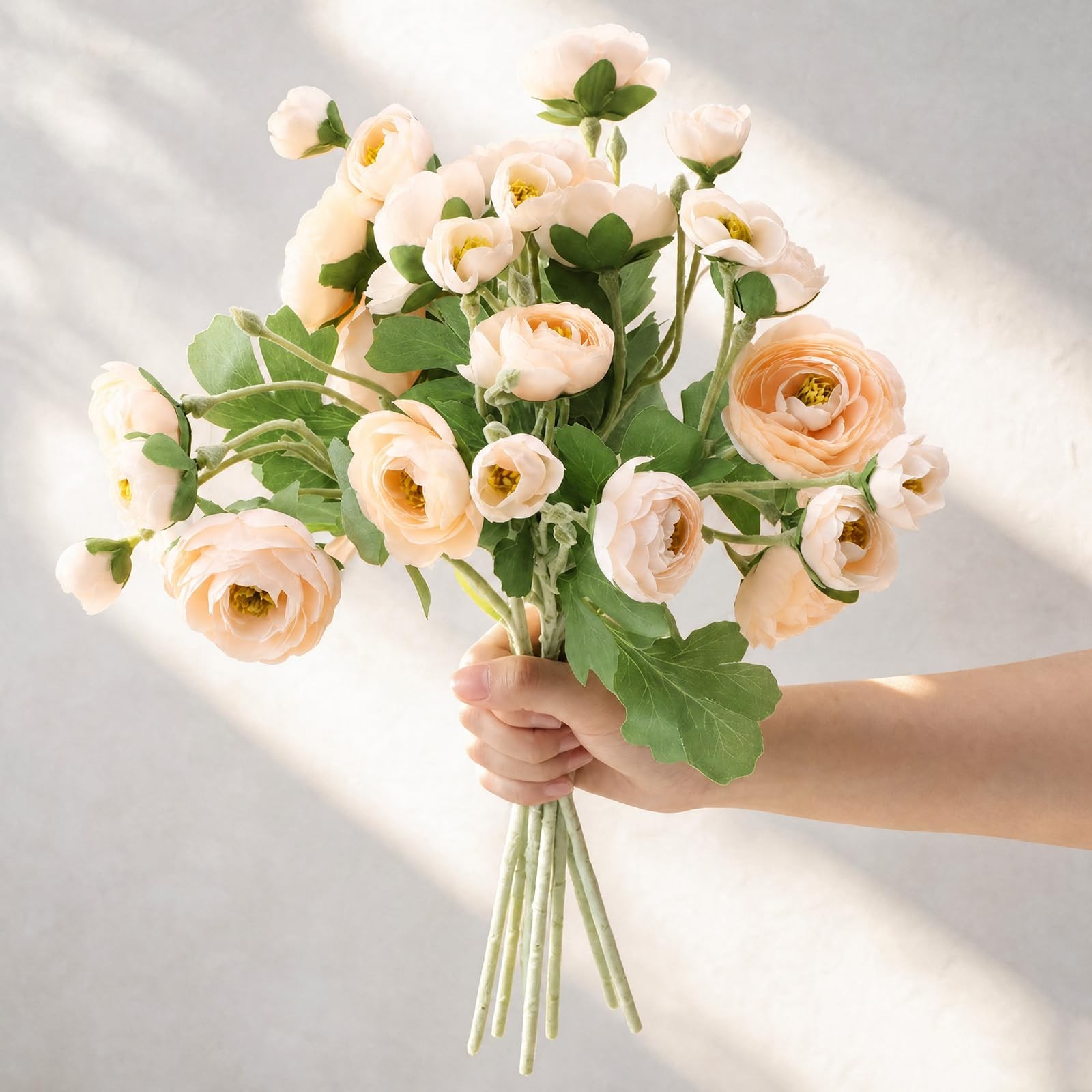 4 Pcs 7 Heads Artificial Ranunculus Flowers 18.5″ Champagne Beige Velvet Floc…