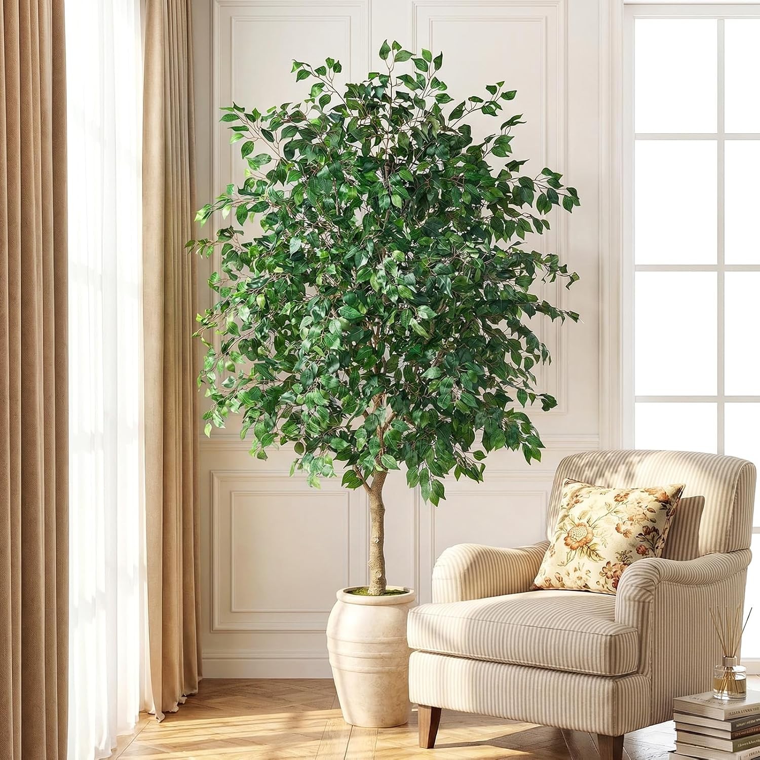 Artificial Ficus Tree 8ft – Large Tall Faux Tree with 1600+ Realistic Silk