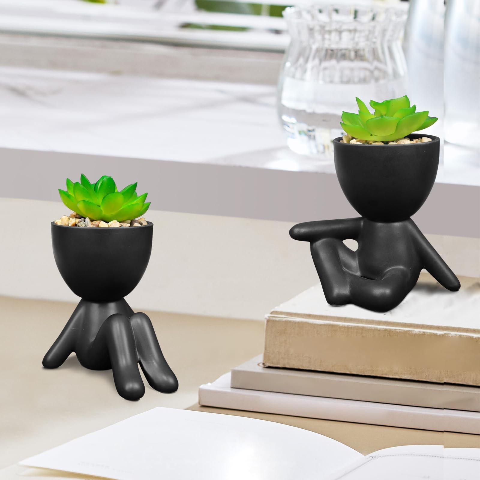 4 PCS Black Cute Fake Artificial Succulent Plants Human Shaped Pots Desk Decor
