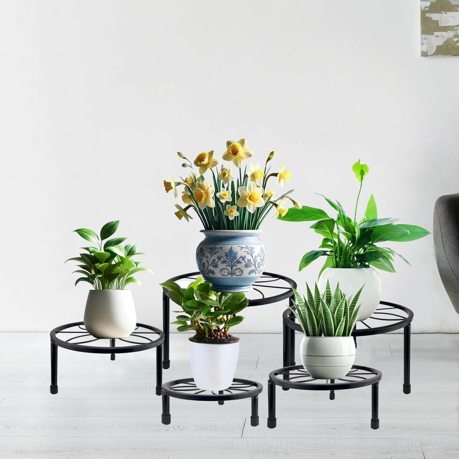 5 Pack Metal Plant Stand Indoor Outdoor Black Flower Pot Rack Rustproof Iron