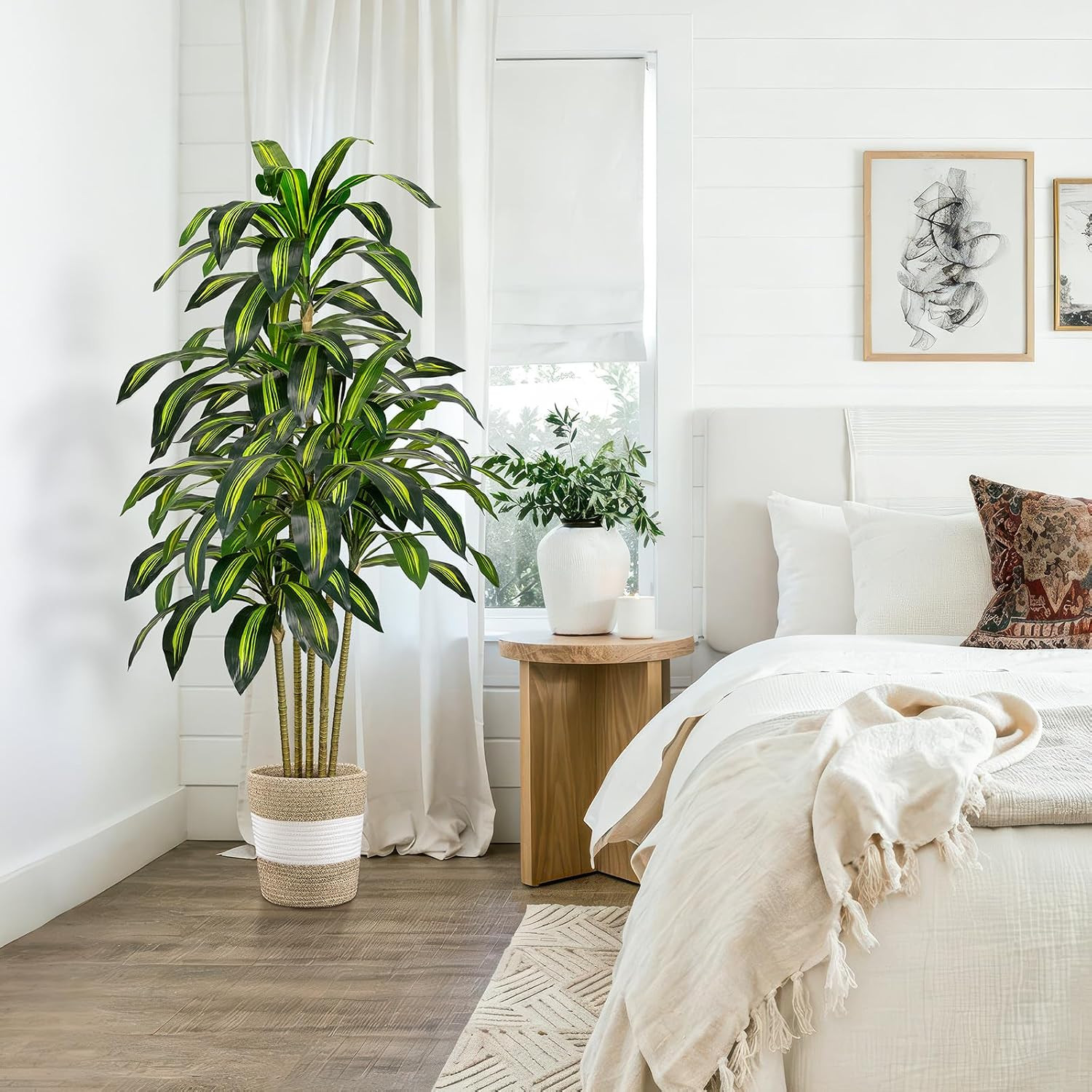 5FT Artificial Dracaena Tree – Tall Faux Dracaena with White Planter, Artificial