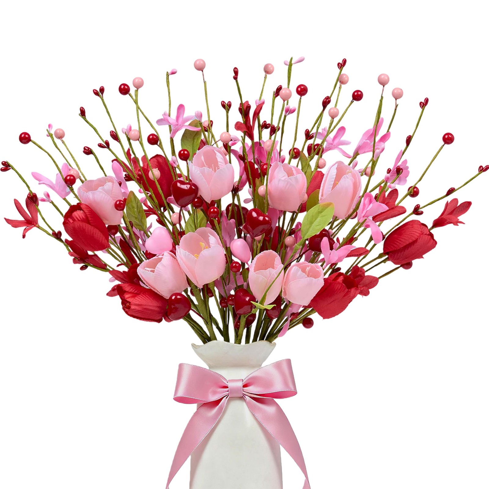 12 PCS Artificial Valentine Decor 17 Inch Pink Picks Red Tulip Berries Wedding