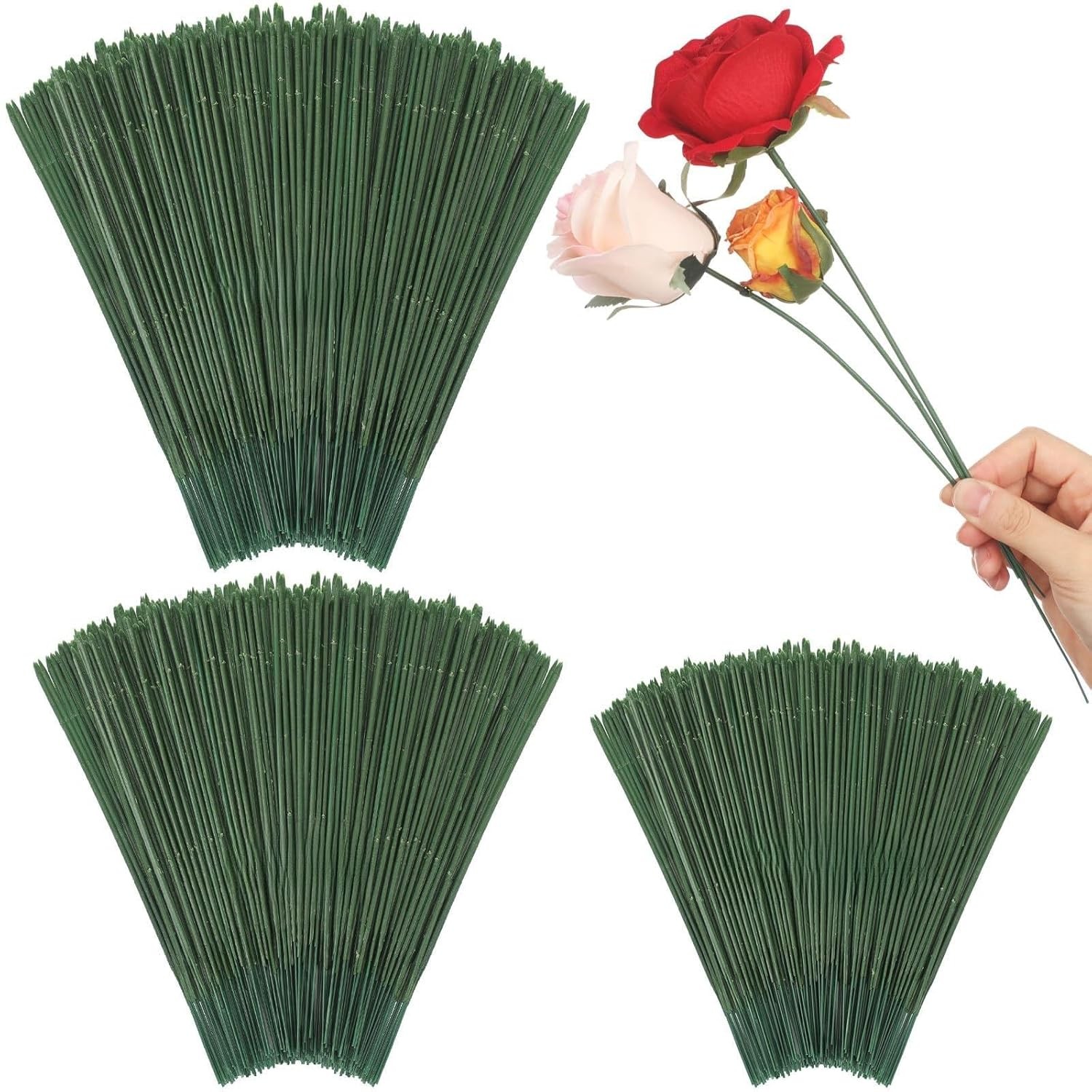 300pcs Artificial Flower Stems 6.7in、8in、10in Plastic Green Floral Wire Stems