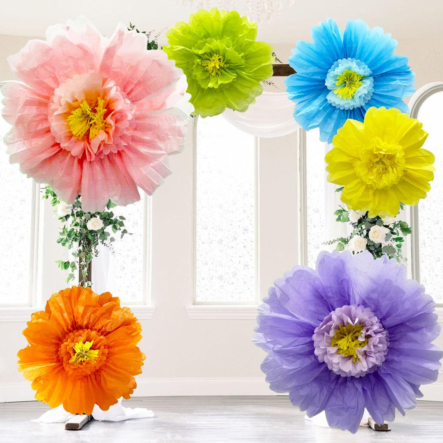 6 PCS Colorful Giant Paper Flowers 39.4/31.5/23.6 Inch Wall Decoration
