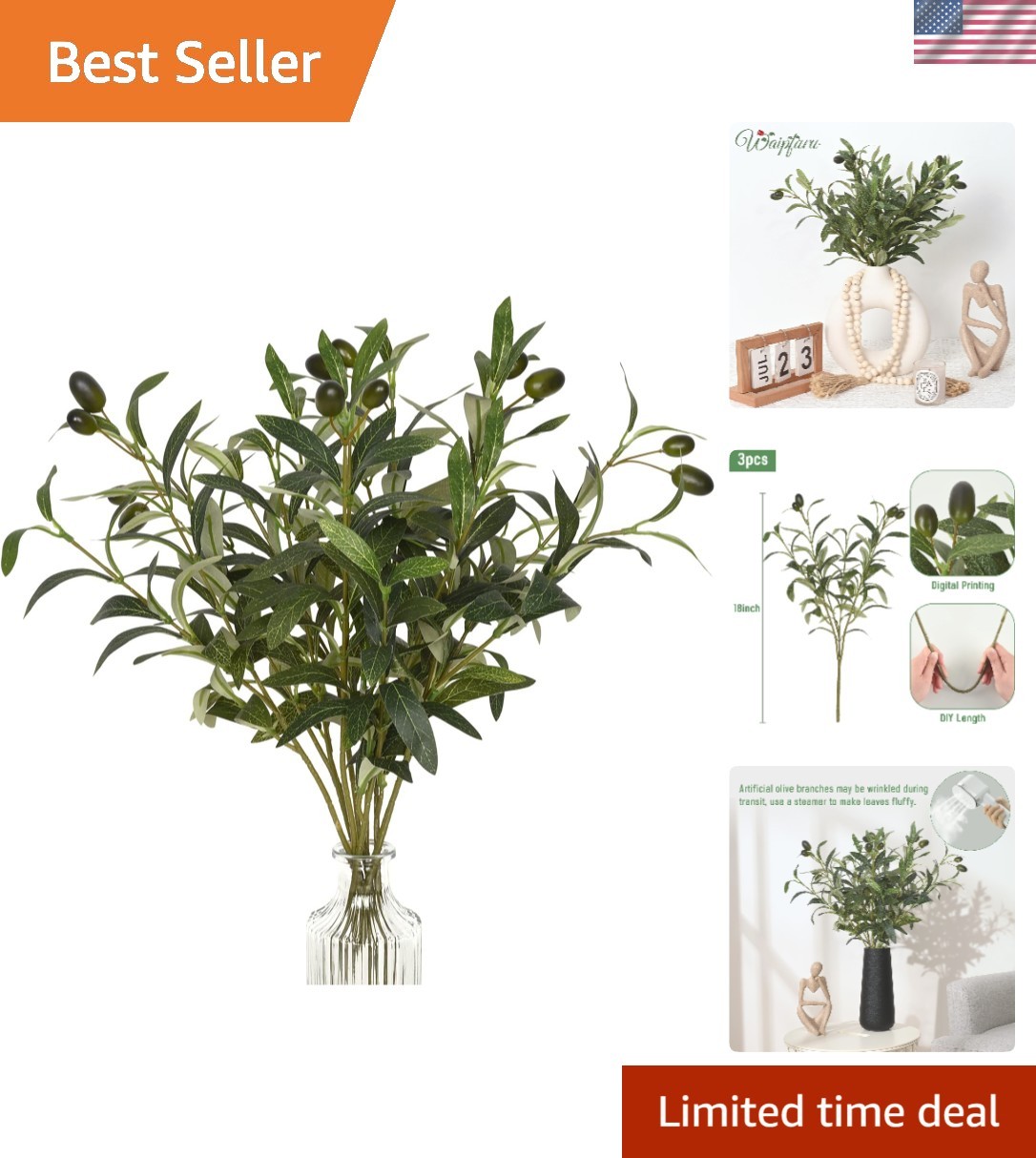 Elegantly Realistic Faux Olive Branches 18” for Home and Event Decor – 3Pcs