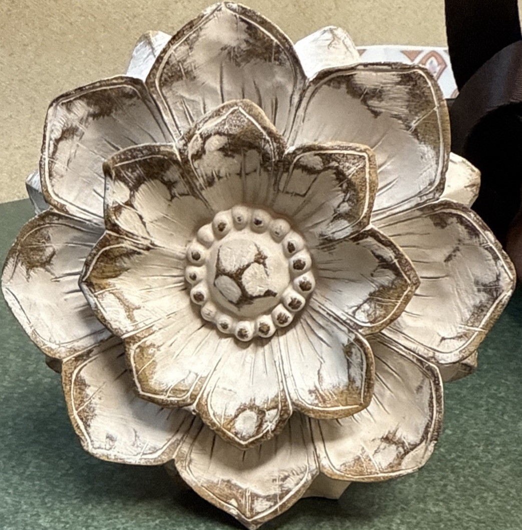 White Distressed Carved Flower/ Free Standing/ Table Decor 5 1/2”