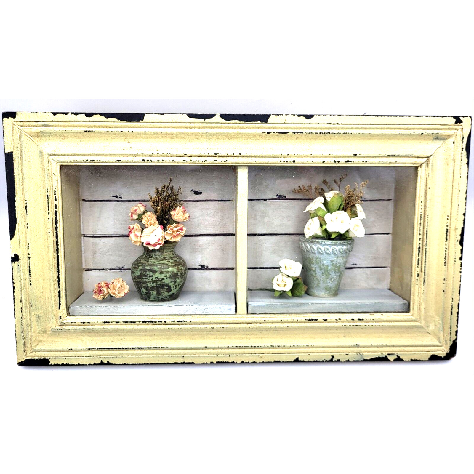 Vintage Rustic Wood Framed Shadow Box Flowers Pots Farmhouse Decor 14x8x2” us