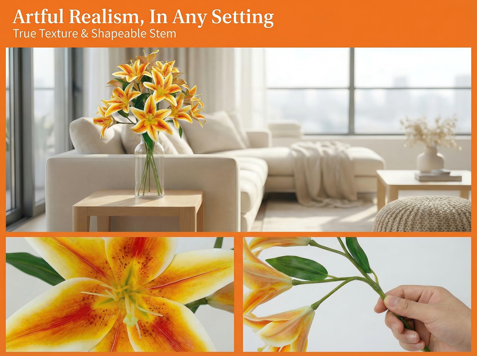 Orange Lily Artificial Flowers,6 Pcs Faux Lilies Flowers,23 Inch Long Stem Ti…