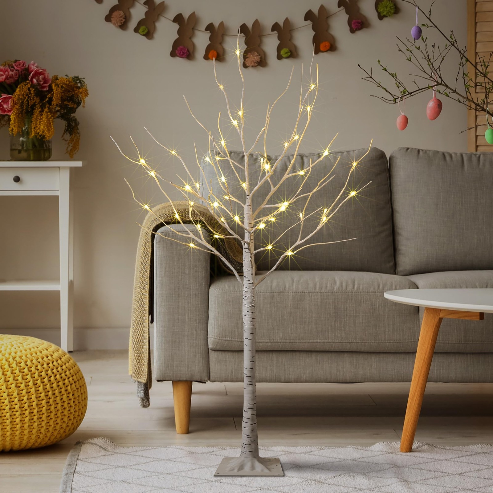 4 Feet Birch Tree, 48 LED Lights, Warm White, for Home, Festival, Party, and Chr