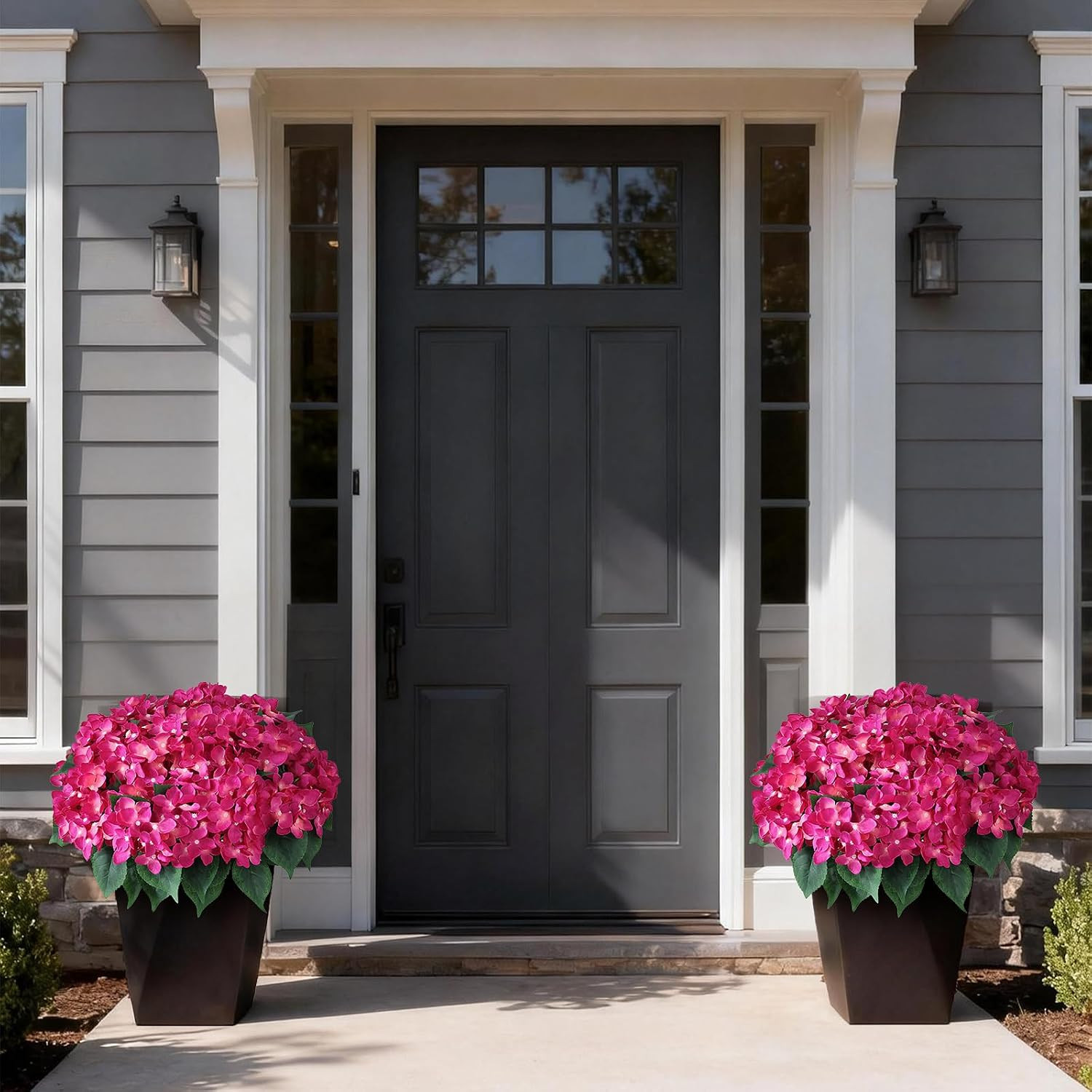 2 Sets Artificial Hydrangea Flower Topiary Trees for Porch(Rose Red) | with Pots