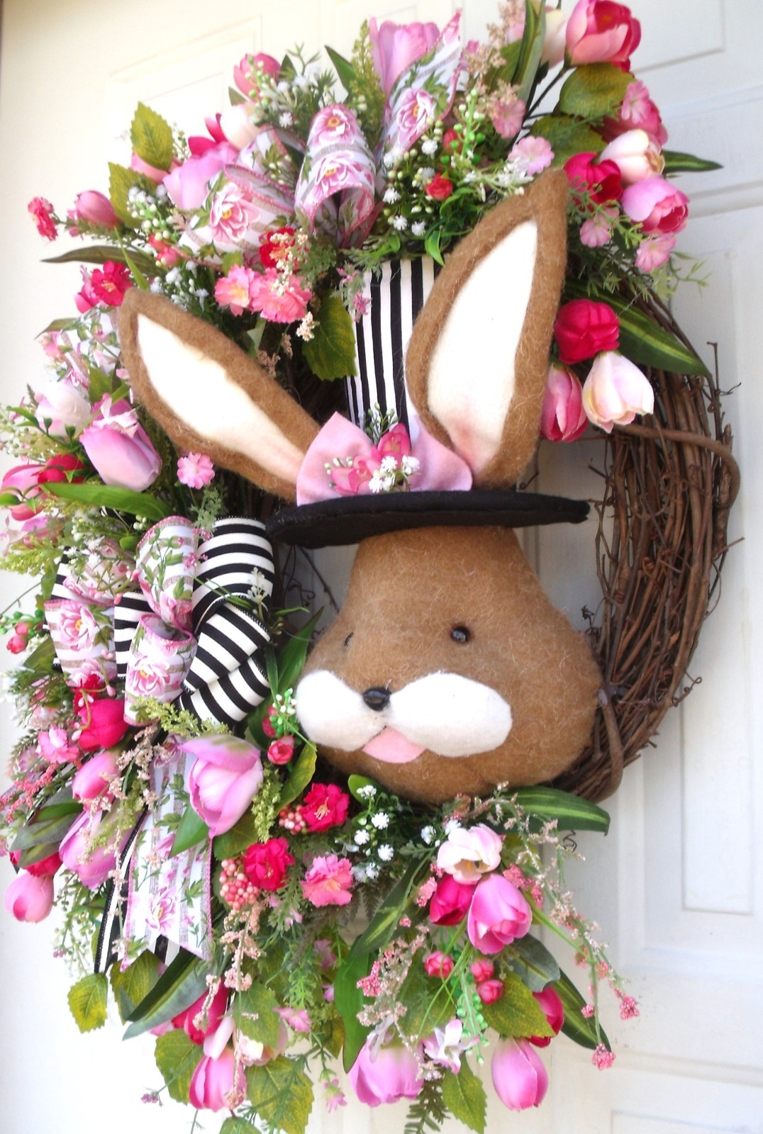 Spring Easter Bunny Wreath, Door Decor Pinks/Black/Whites