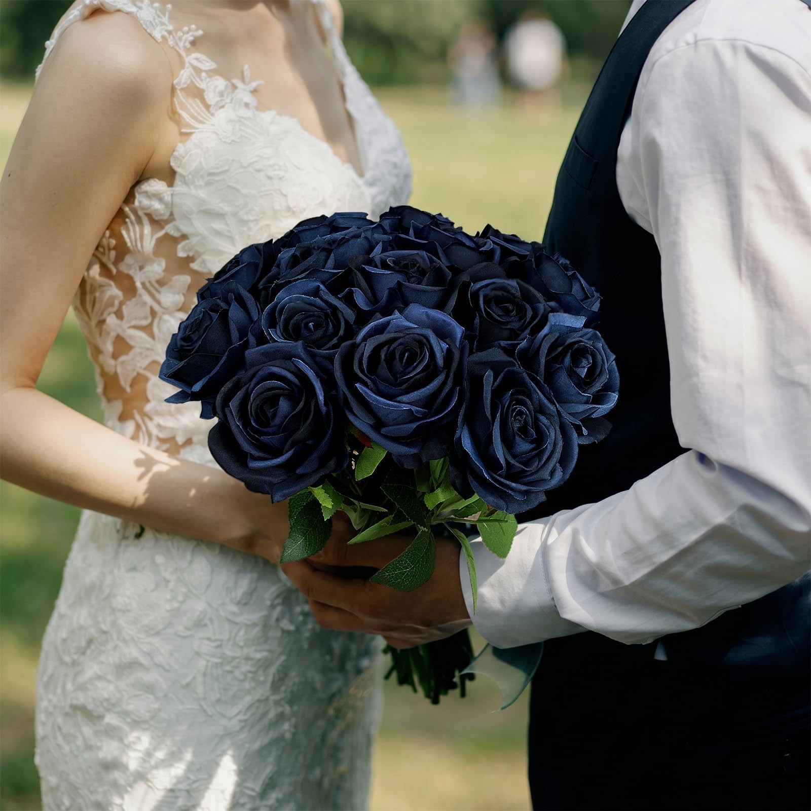 16 PCS Roses Artificial Flowers – Fake Silk Navy Blue Rose in Bulk with Long …