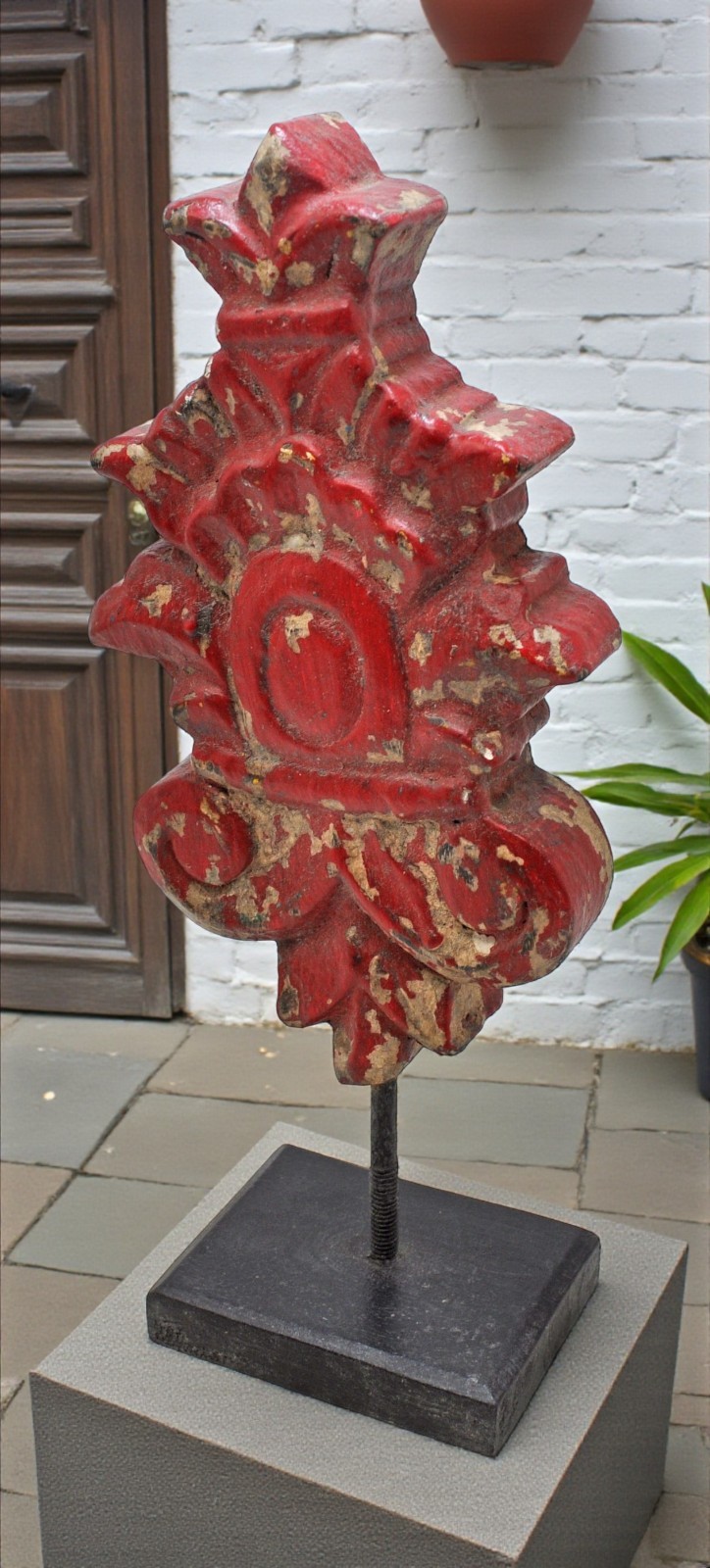 Hand Carved Wooden Flower Carving Panel Plaque on Stand Rustic Red Painted