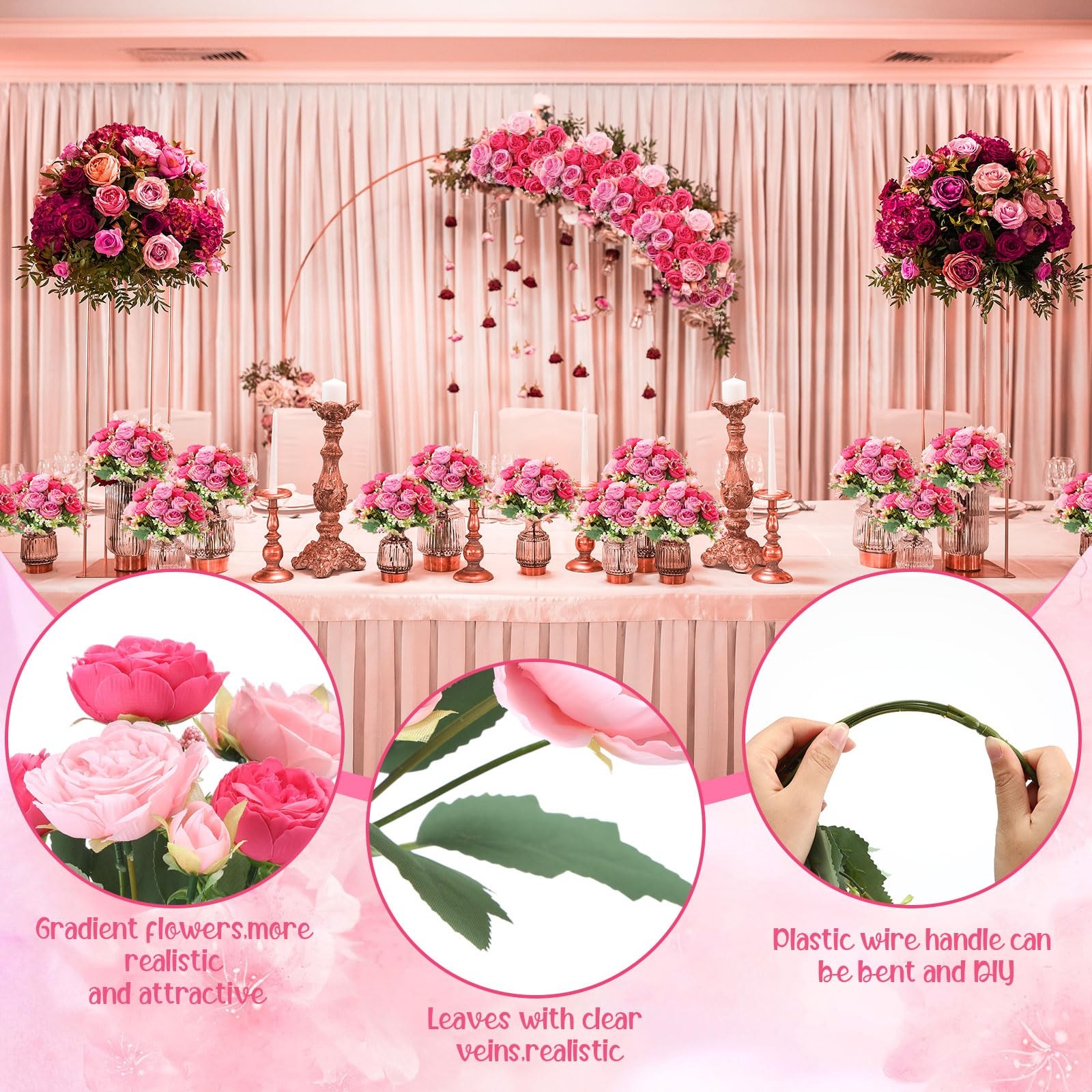 8 PCS Artificial Peonies Flowers Silk Peony Bouquet Floral Rose Pink Decor