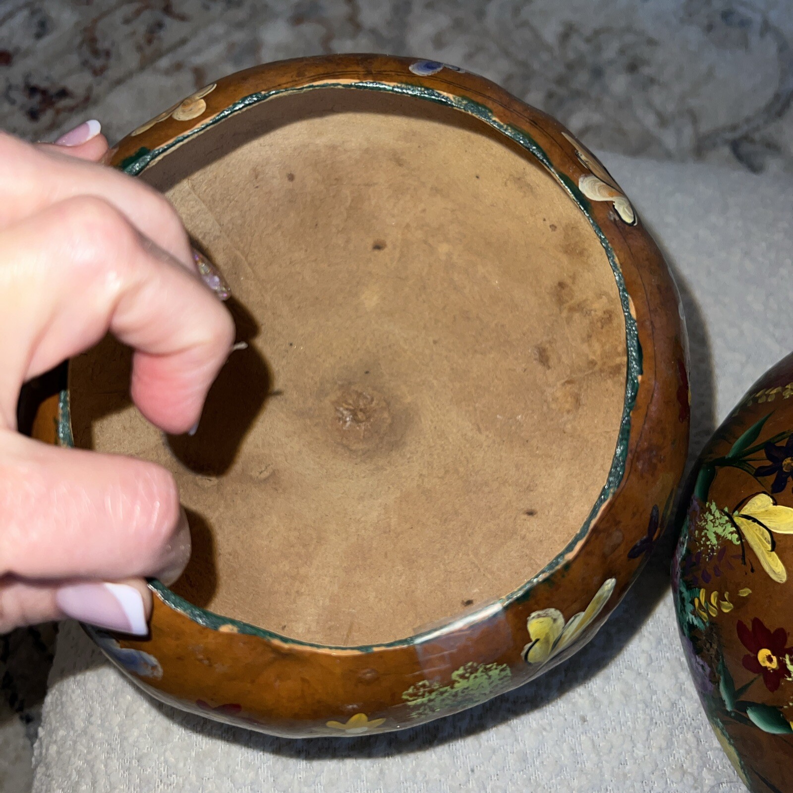 Hand Painted Gourd Bowls Lightweight Floral Butterflies Cottage About 7×5” SET