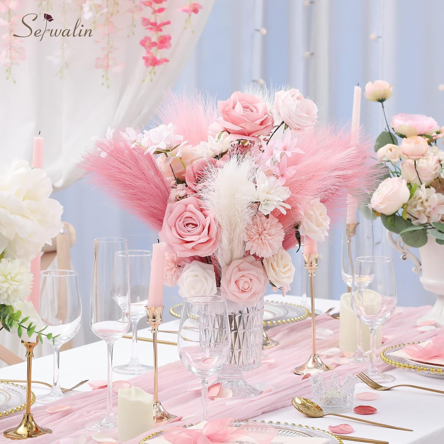 60PCS 17.7″ Pink Pampas Grass Boho Feathers Decor for Home Decor | Artificial Fa