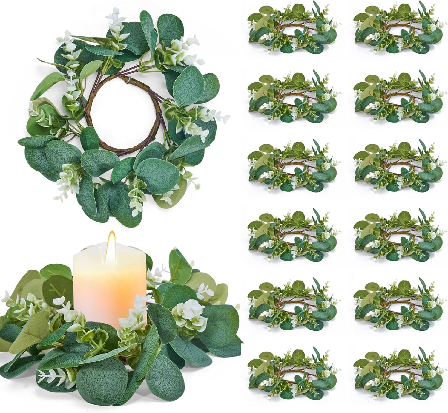 20Pcs Eucalyptus Candle Rings Wreaths, 11″ Greenery Decor for Home & Events