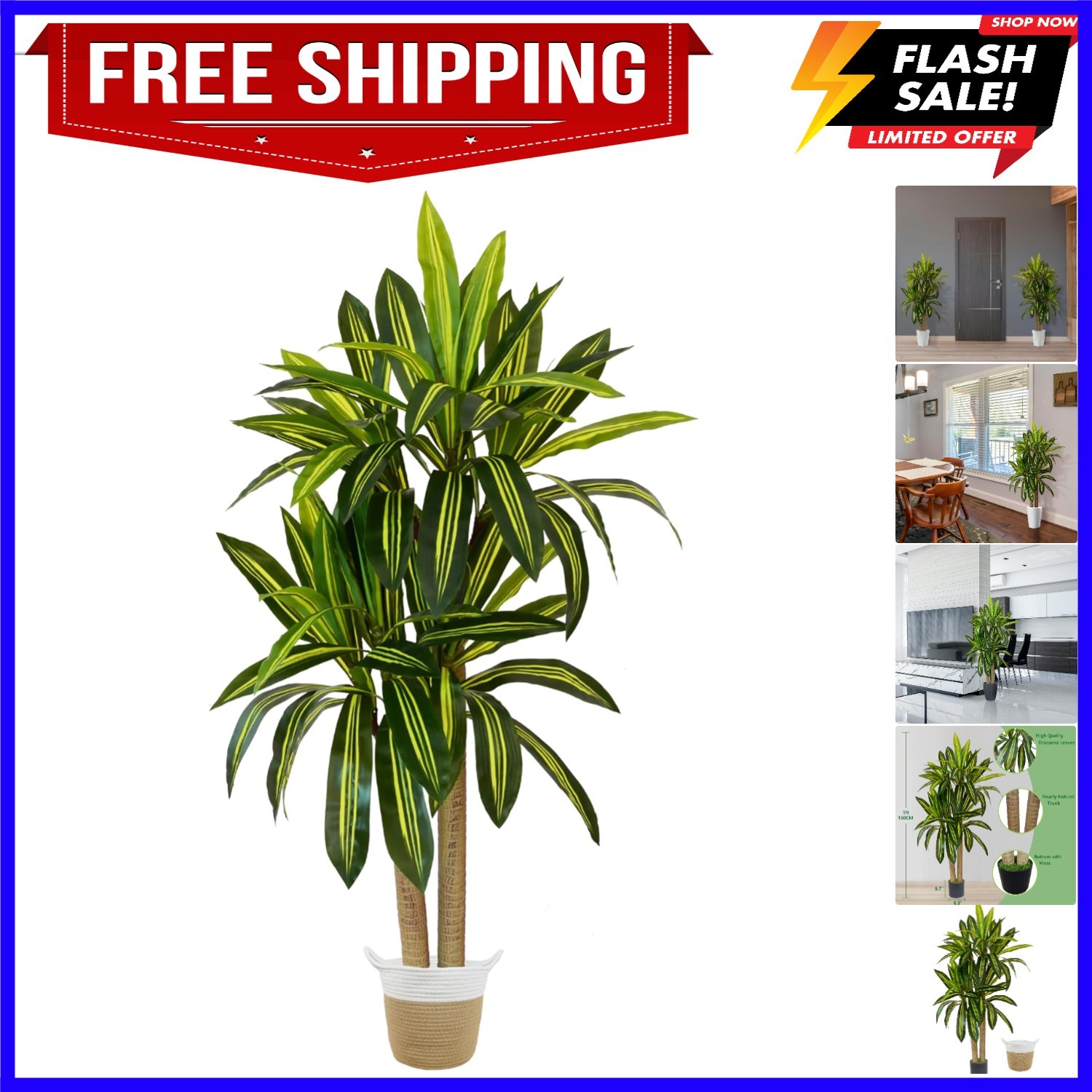 Artificial Dracaena Tree, 5ft Tall Fake Dracaena Plant with Basket, Indoor Ou…