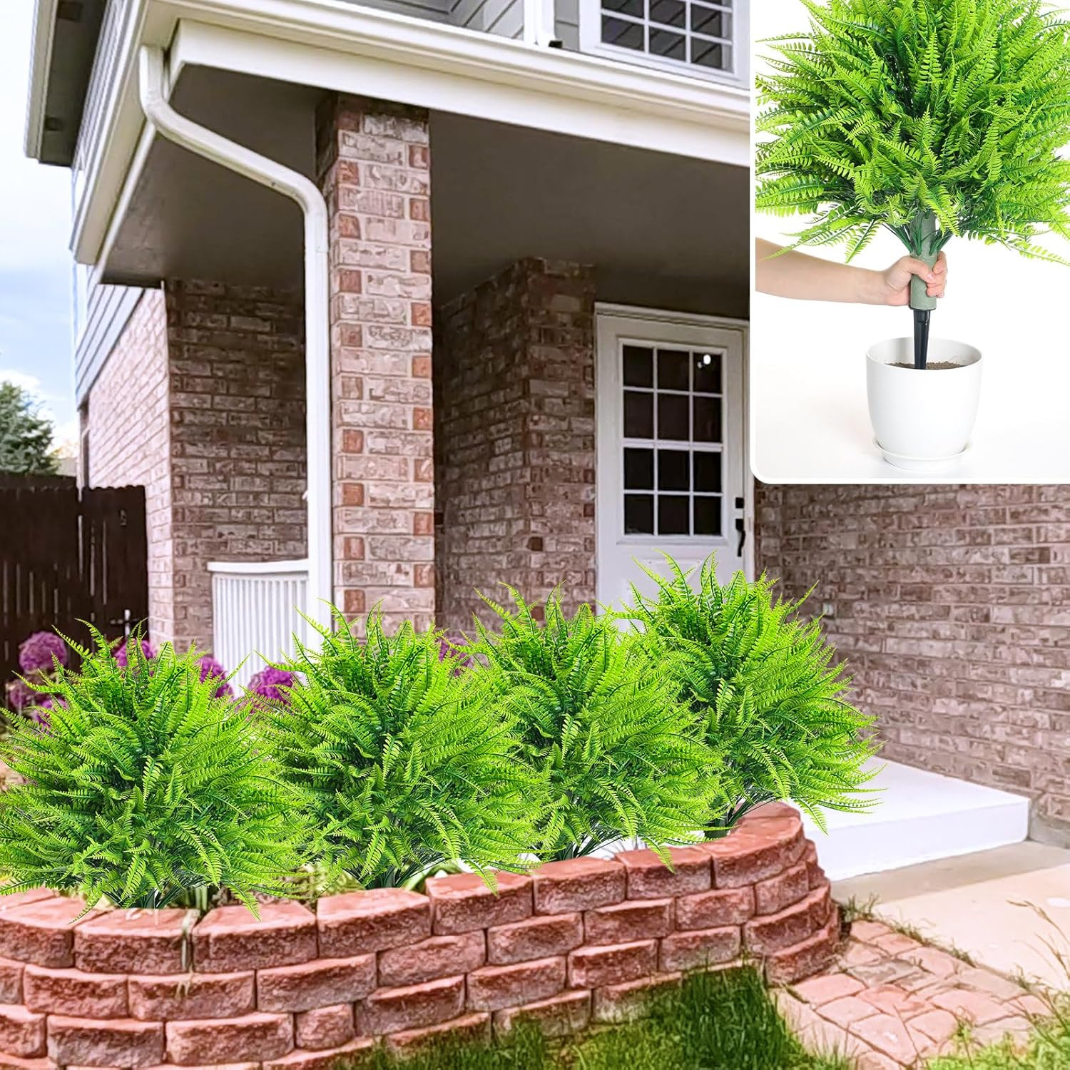 24″ UV Resistant Faux Boston Ferns with Ground Stake for Indoor/Outdoor Decor