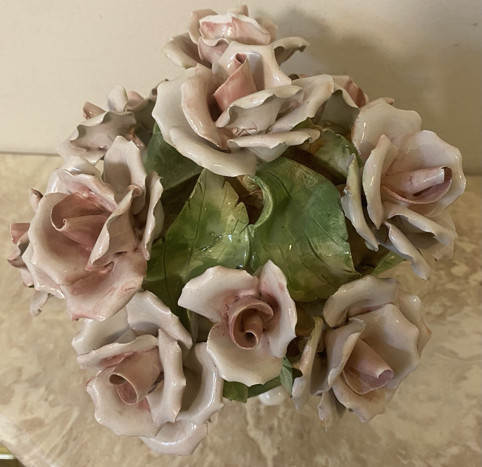 Porcelain Flower Centerpiece Capodimonte Style Italy Pink Roses 6” Tall
