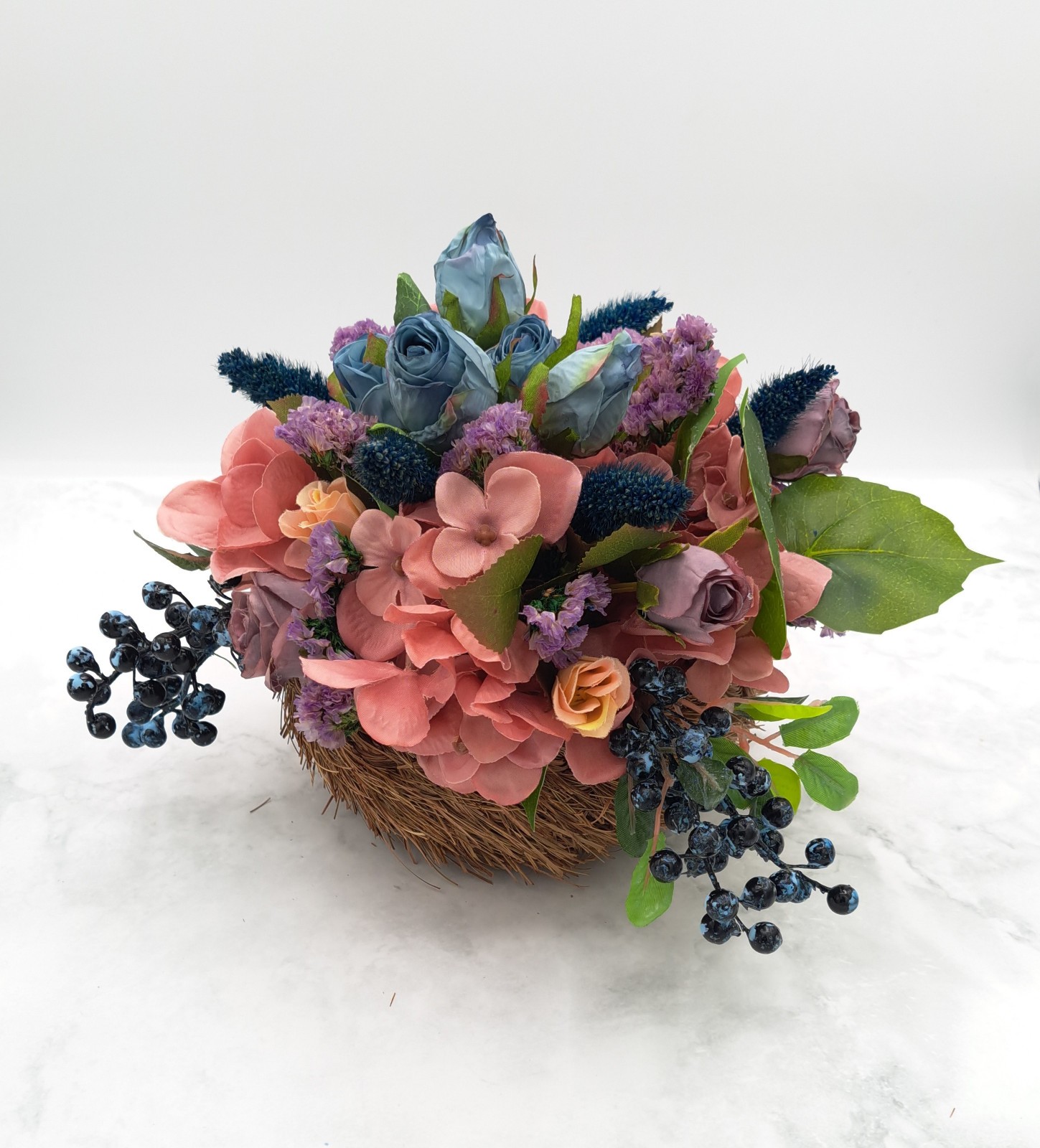 Handmade Blue Rose Blueberry Dried/Silk Flower Arrangement w/ Vintage Basket