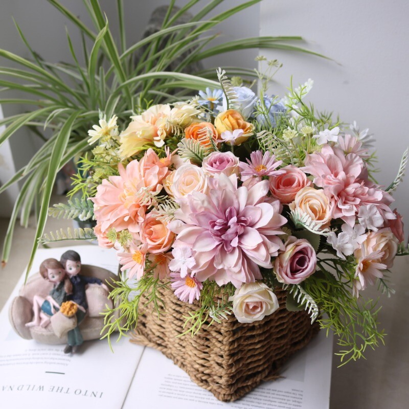 Dahlia Rose Chrysanthemum Simulation Bouquet Silk Flower Bride Wedding Props DIY