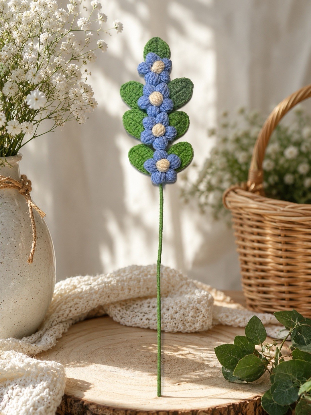 Handmade Crochet White Flower Stem Knitted Floral Decor Gift Home Decoration