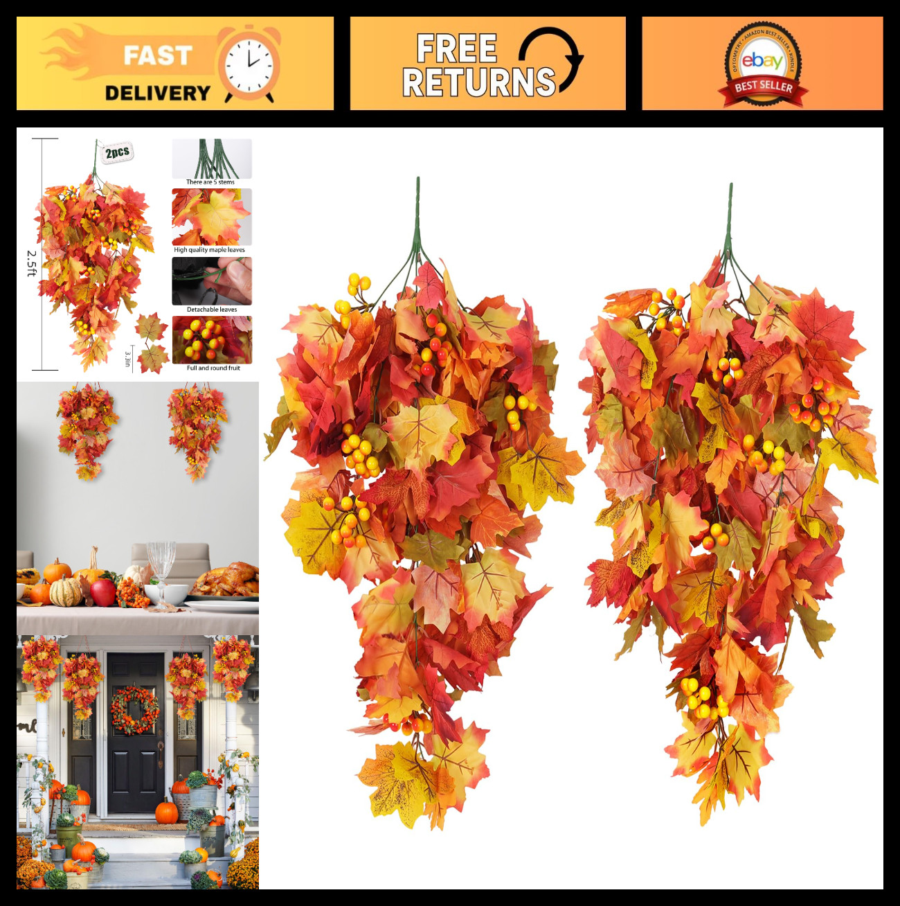 Artificial Fall Leaves Garland with Berries – 2Pcs Orange Maple Vine Decor for T