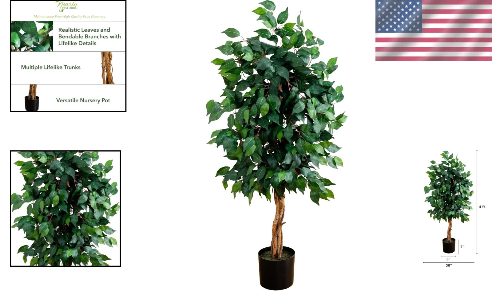 4ft Triple Trunk Ficus Silk Tree – Realistic Indoor Plant