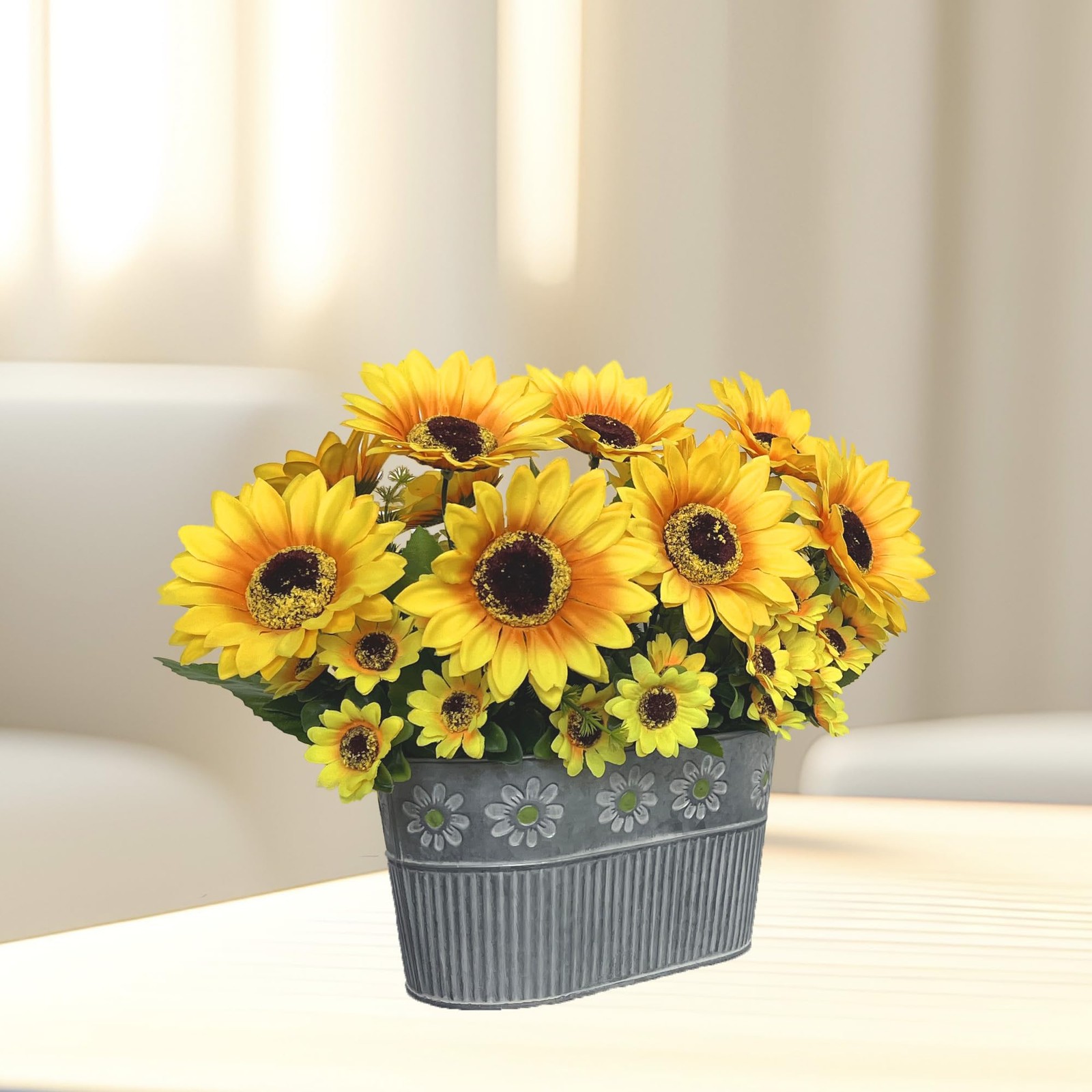 Artificial Sunflower Arrangement in Metal Basket – Realistic Faux Sunflower P…